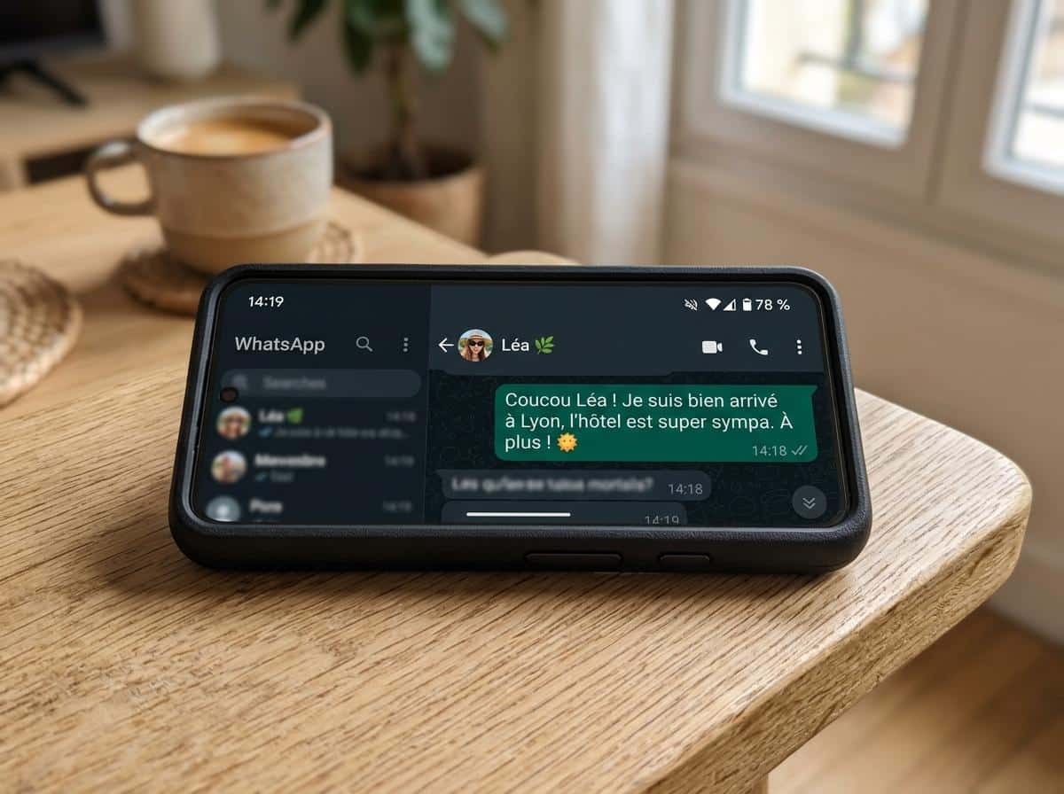 Smartphone affichant une conversation WhatsApp avec une seule coche grise