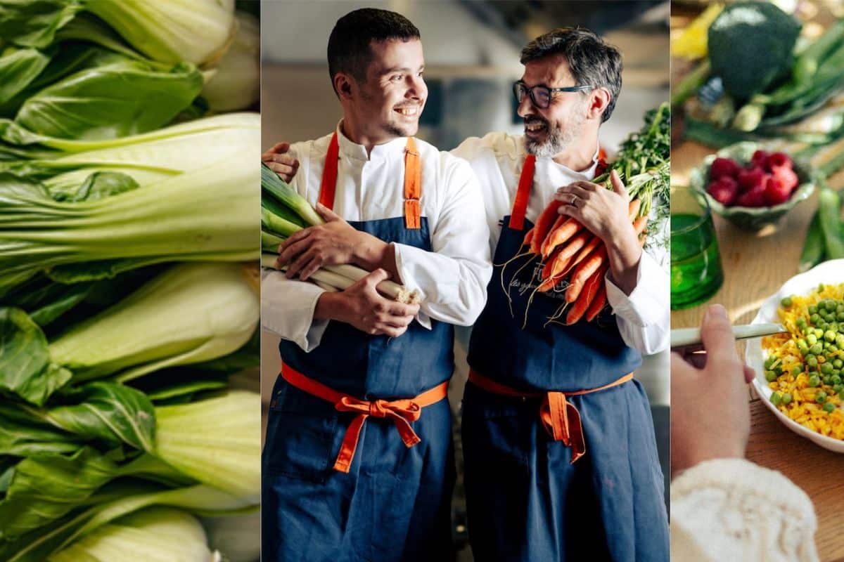 Deux chefs cuisinier qui tiennent des légumes