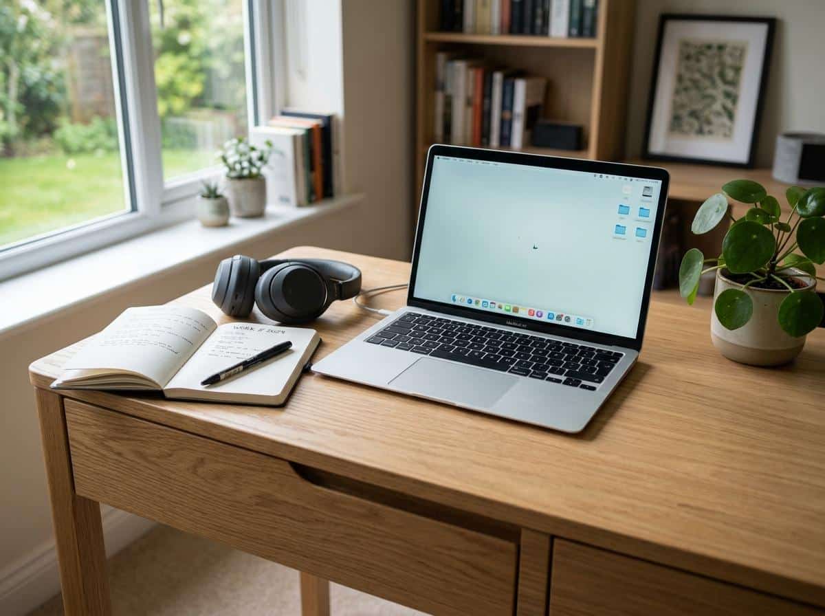 Bureau rangé avec casque antibruit et carnet