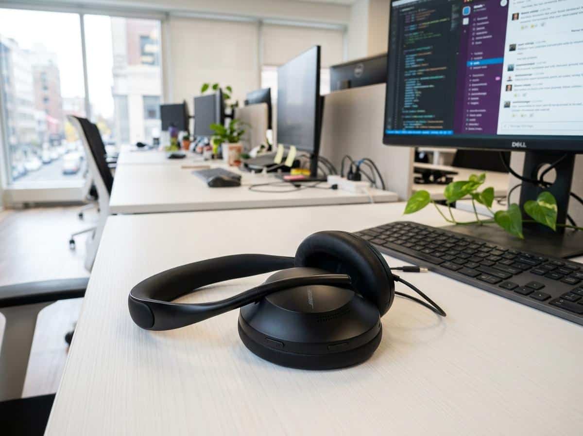 Casque antibruit noir posé sur un bureau partagé