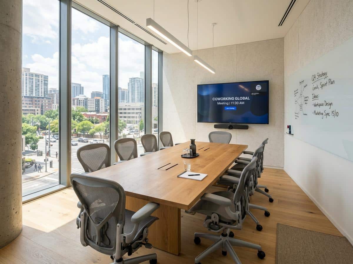 Salle de réunion équipée d'un écran et d'un tableau blanc
