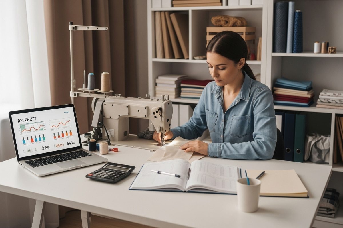 couturière indépendante travaillant dans son atelier et analysant ses revenus professionnels